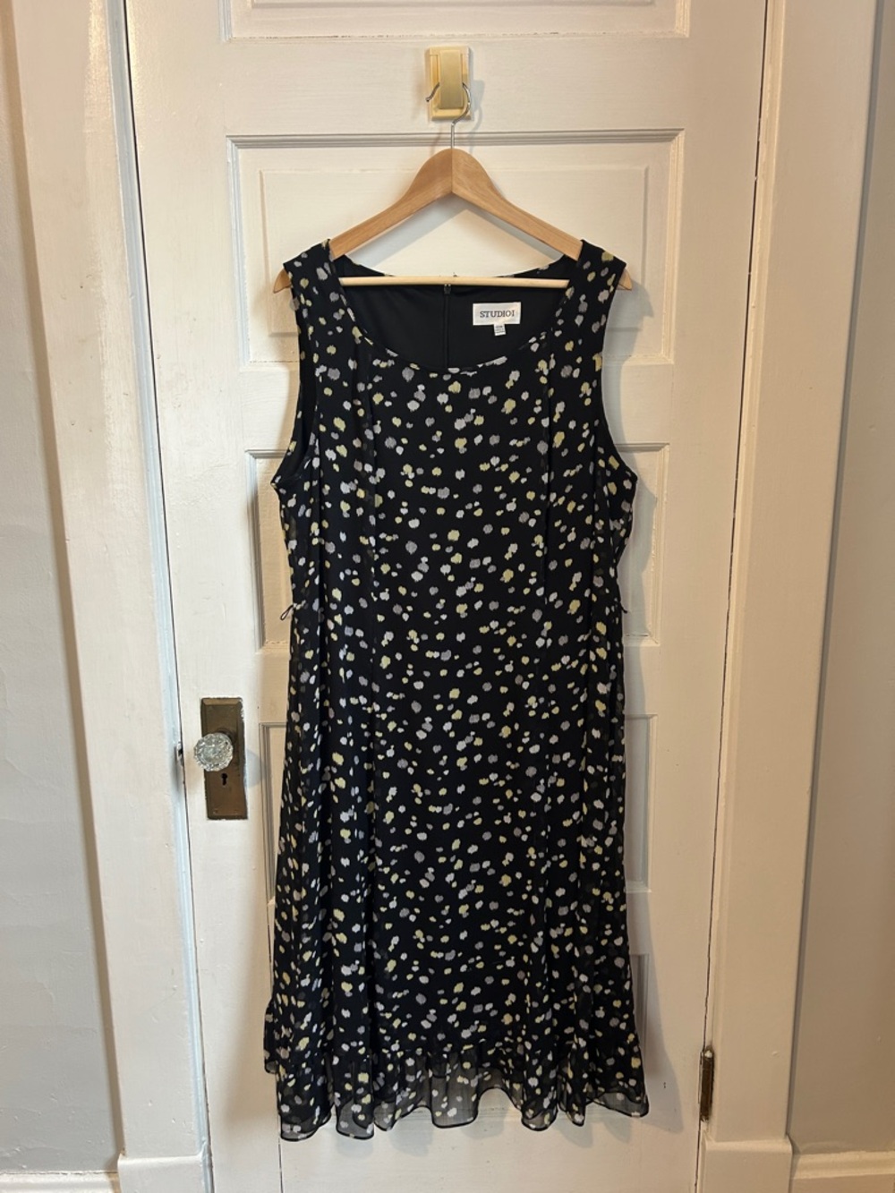 Studio I Black Midi Dress with Cream and Yellow Dot Print